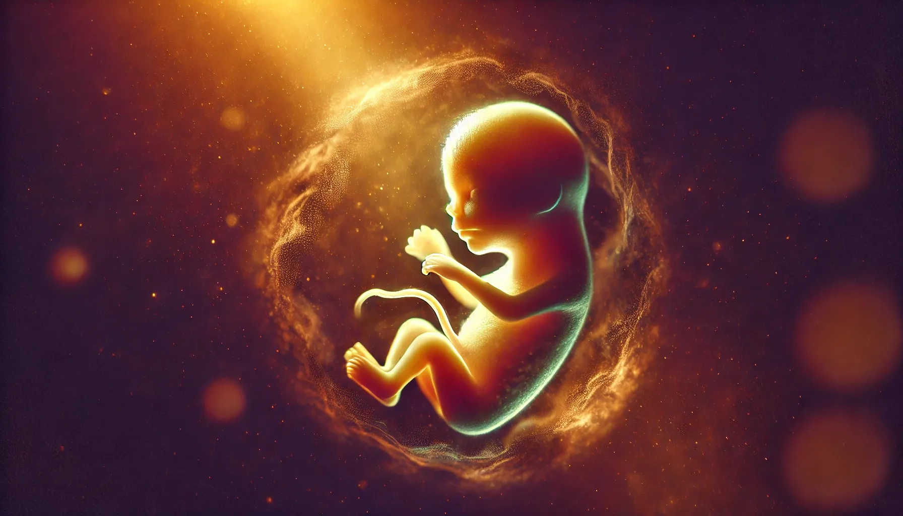 A highly realistic yet abstract depiction of a fetus in the womb, surrounded by a warm, ethereal glow.